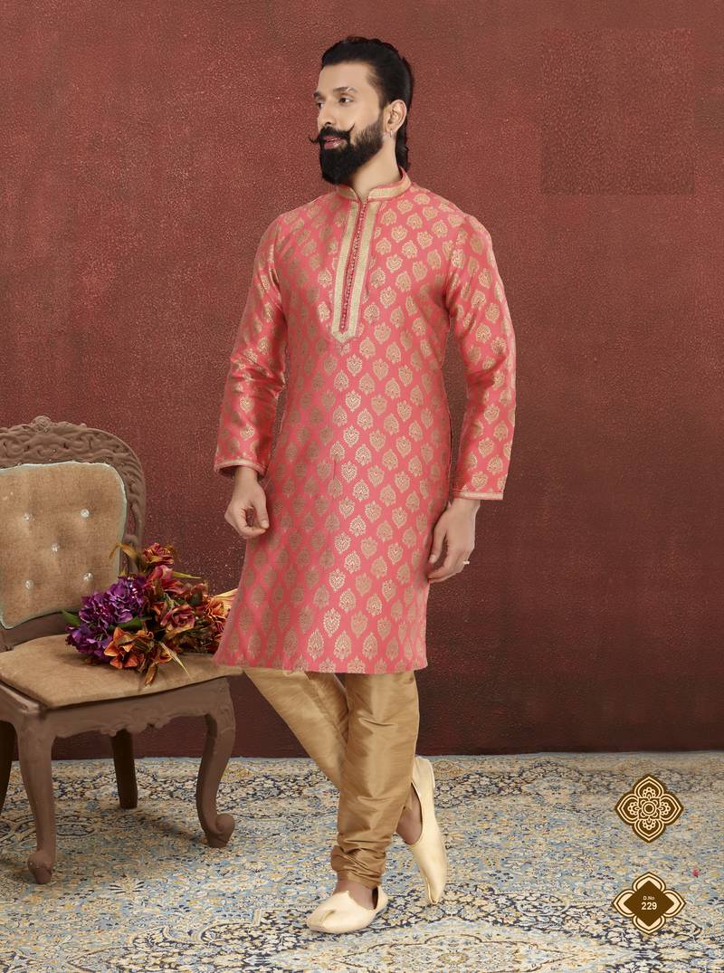 Men Peach Jacquard Silk Kurta Churidar Set