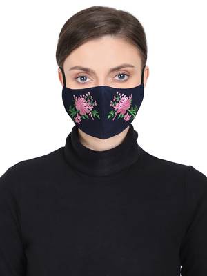 Anekaant 3-Ply Reusable Navy Pink & Green Floral Embroidered Cotton Fabric Fashion Mask 1