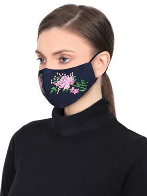 Anekaant 3-Ply Reusable Navy Pink & Green Floral Embroidered Cotton Fabric Fashion Mask 2