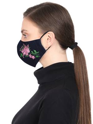 Anekaant 3-Ply Reusable Navy Pink & Green Floral Embroidered Cotton Fabric Fashion Mask 3