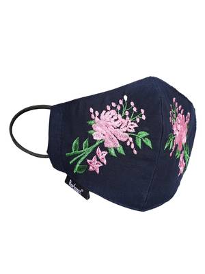 Anekaant 3-Ply Reusable Navy Pink & Green Floral Embroidered Cotton Fabric Fashion Mask 4