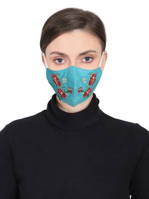 3-Ply Reusable Teal Green & Multi Floral Embroidered Cotton Fabric Fashion Mask 1