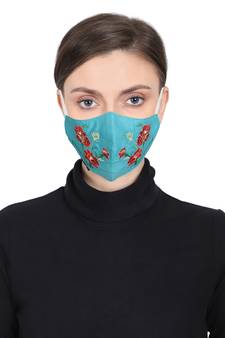 3-Ply Reusable Teal Green & Multi Floral Embroidered Cotton Fabric Fashion Mask