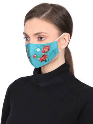 3-Ply Reusable Teal Green & Multi Floral Embroidered Cotton Fabric Fashion Mask 2