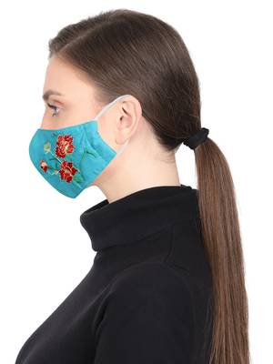 3-Ply Reusable Teal Green & Multi Floral Embroidered Cotton Fabric Fashion Mask 3