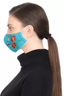 3-Ply Reusable Teal Green & Multi Floral Embroidered Cotton Fabric Fashion Mask