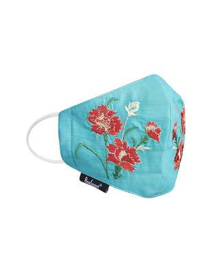 3-Ply Reusable Teal Green & Multi Floral Embroidered Cotton Fabric Fashion Mask 4