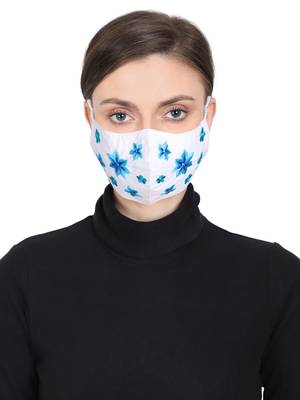 3-Ply Reusable White & Blue Floral Embroidered Cotton Fabric Fashion Mask 1