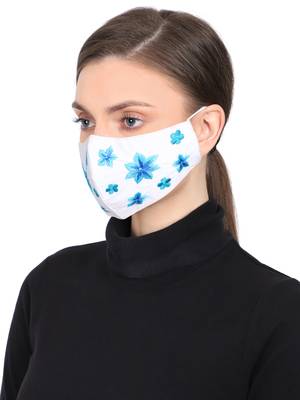3-Ply Reusable White & Blue Floral Embroidered Cotton Fabric Fashion Mask 2