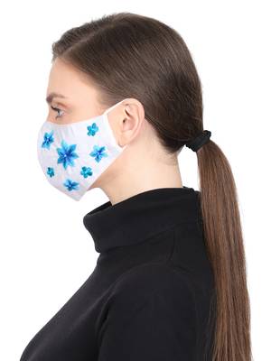 3-Ply Reusable White & Blue Floral Embroidered Cotton Fabric Fashion Mask 3