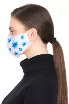 3-Ply Reusable White & Blue Floral Embroidered Cotton Fabric Fashion Mask