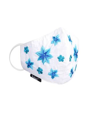 3-Ply Reusable White & Blue Floral Embroidered Cotton Fabric Fashion Mask 4