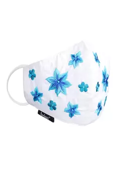 3-Ply Reusable White & Blue Floral Embroidered Cotton Fabric Fashion Mask