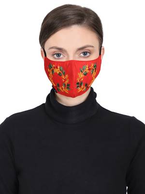3-Ply Reusable Red & Multi Embroidered Cotton Fabric Fashion Mask 1