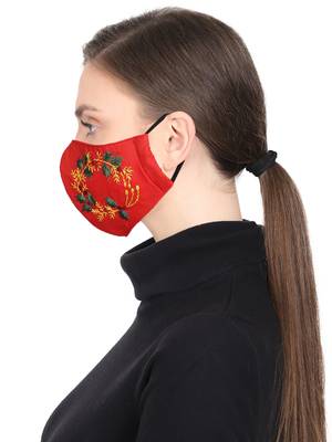 3-Ply Reusable Red & Multi Embroidered Cotton Fabric Fashion Mask 3