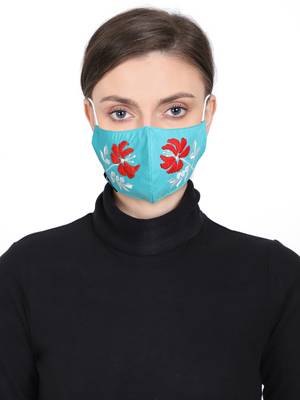 3-Ply Reusable Aqua & Multi Embroidered Cotton Fabric Fashion Mask 1