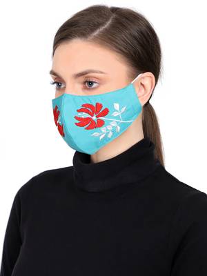 3-Ply Reusable Aqua & Multi Embroidered Cotton Fabric Fashion Mask 2