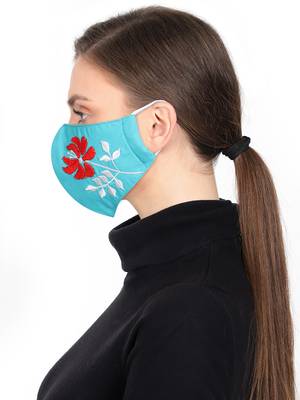 3-Ply Reusable Aqua & Multi Embroidered Cotton Fabric Fashion Mask 3