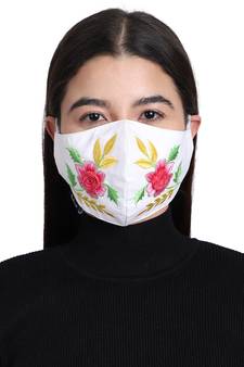3-Ply Reusable White & Multi Floral Embroidered Cotton Fabric Fashion Mask