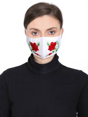 3-Ply Reusable White & Multi Floral Embroidered Cotton Fabric Fashion Mask 1