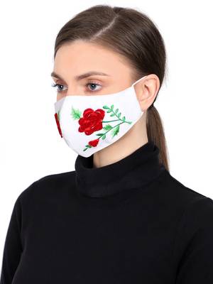 3-Ply Reusable White & Multi Floral Embroidered Cotton Fabric Fashion Mask 2