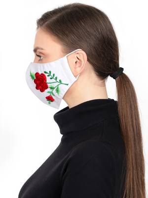 3-Ply Reusable White & Multi Floral Embroidered Cotton Fabric Fashion Mask 3