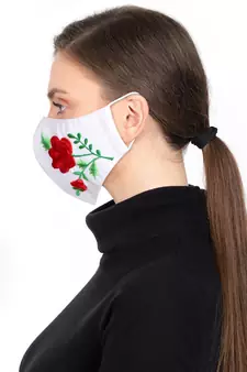 3-Ply Reusable White & Multi Floral Embroidered Cotton Fabric Fashion Mask