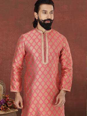 Men Peach Jacquard Silk Kurta Churidar Set 1