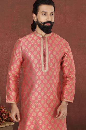 Men Peach Jacquard Silk Kurta Churidar Set