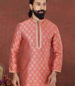 Men Peach Jacquard Silk Kurta Churidar Set