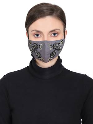 3-Ply Reusable Grey, Black & Multi Floral Embroidered Cotton Fabric Fashion Mask 1