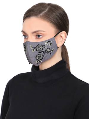 3-Ply Reusable Grey, Black & Multi Floral Embroidered Cotton Fabric Fashion Mask 2