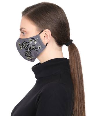 3-Ply Reusable Grey, Black & Multi Floral Embroidered Cotton Fabric Fashion Mask 3