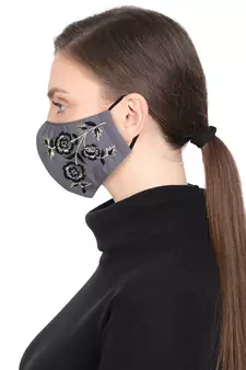 3-Ply Reusable Grey, Black & Multi Floral Embroidered Cotton Fabric Fashion Mask