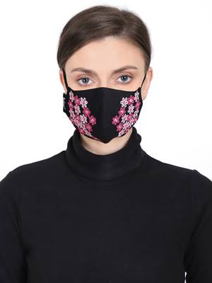 3-Ply Reusable Black & Pink Floral Embroidered Cotton Fabric Fashion Mask 1