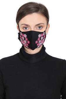 3-Ply Reusable Black & Pink Floral Embroidered Cotton Fabric Fashion Mask