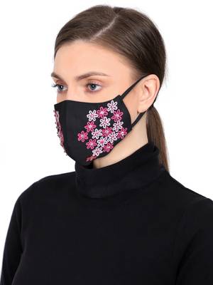 3-Ply Reusable Black & Pink Floral Embroidered Cotton Fabric Fashion Mask 2