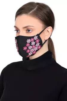 3-Ply Reusable Black & Pink Floral Embroidered Cotton Fabric Fashion Mask
