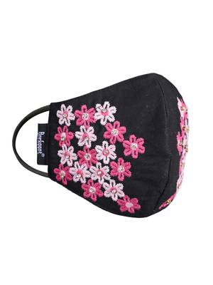 3-Ply Reusable Black & Pink Floral Embroidered Cotton Fabric Fashion Mask 3