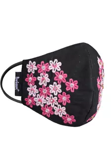 3-Ply Reusable Black & Pink Floral Embroidered Cotton Fabric Fashion Mask