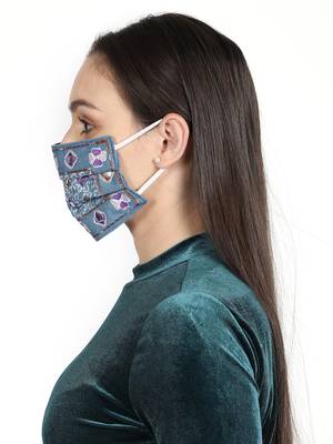 3-Ply Reusable Blue & Multi Embroidered Cotton Fabric Fashion Mask 3