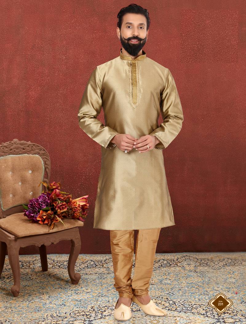 Men Golden Blackberry Silk Kurta Churidar Set