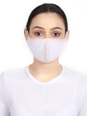 3-Ply Reusable White & Coral Embroidered Cotton Fabric Fashion Mask 1