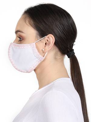 3-Ply Reusable White & Coral Embroidered Cotton Fabric Fashion Mask 3