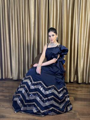 Designer one shoulder crop top with sequin lehenga 5