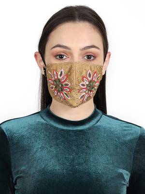 3-Ply Beige & Multi Faux Silk Embellished Fabric Fashion Mask 1