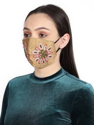 3-Ply Beige & Multi Faux Silk Embellished Fabric Fashion Mask 2
