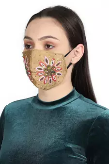 3-Ply Beige & Multi Faux Silk Embellished Fabric Fashion Mask