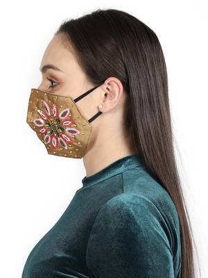 3-Ply Beige & Multi Faux Silk Embellished Fabric Fashion Mask 3