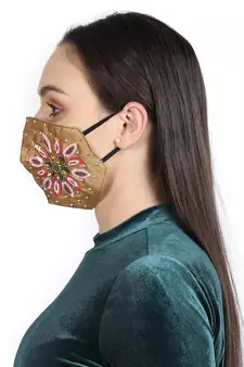 3-Ply Beige & Multi Faux Silk Embellished Fabric Fashion Mask